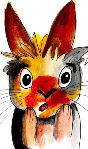 Drawing of multicoloured rabbit looking shocked